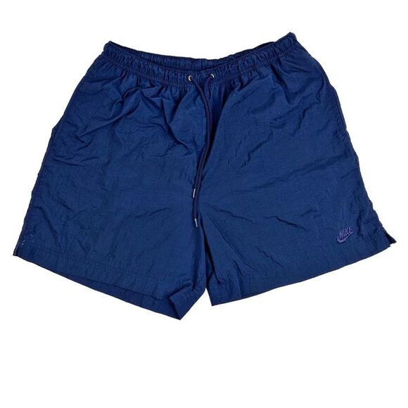 Vintage 90s Nike Men’s Large Nylon Spell Out Swoosh Shorts Navy Blue - Picture 1 of 5